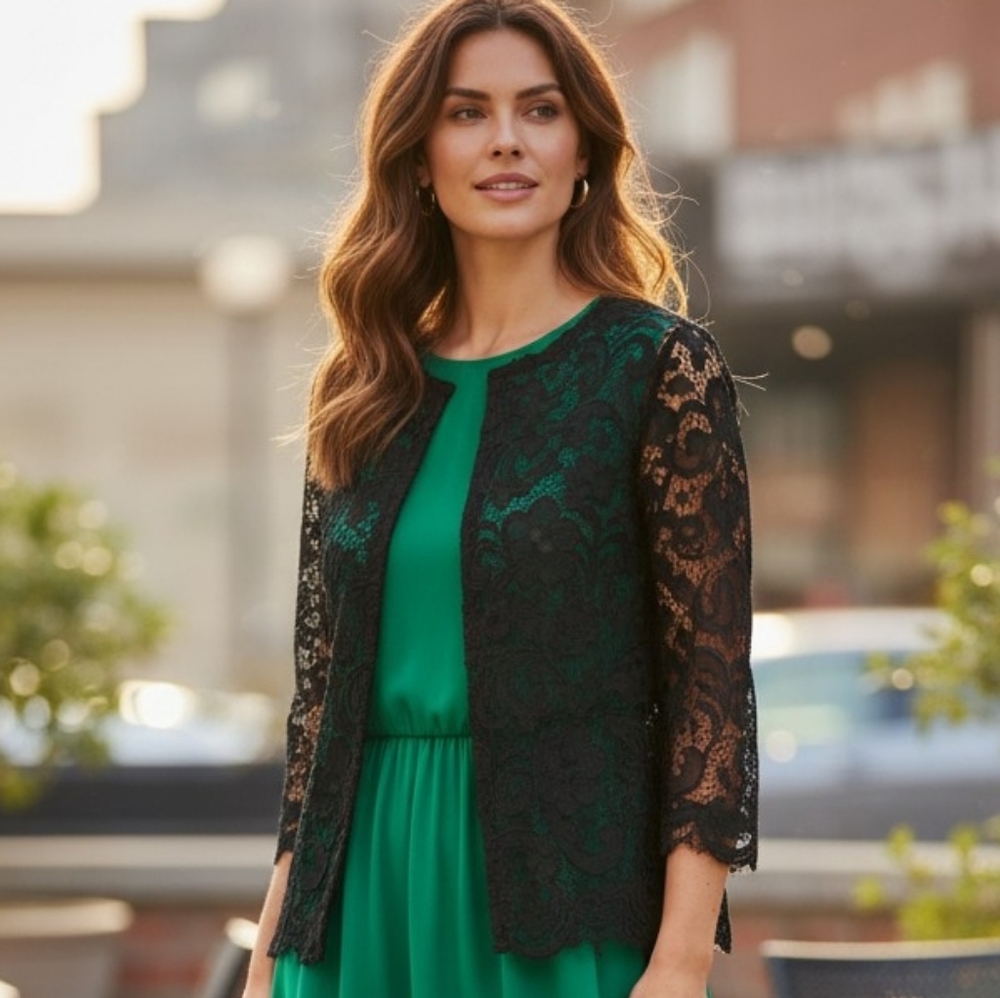 Lace Elegant Open-Front Jacket, Black